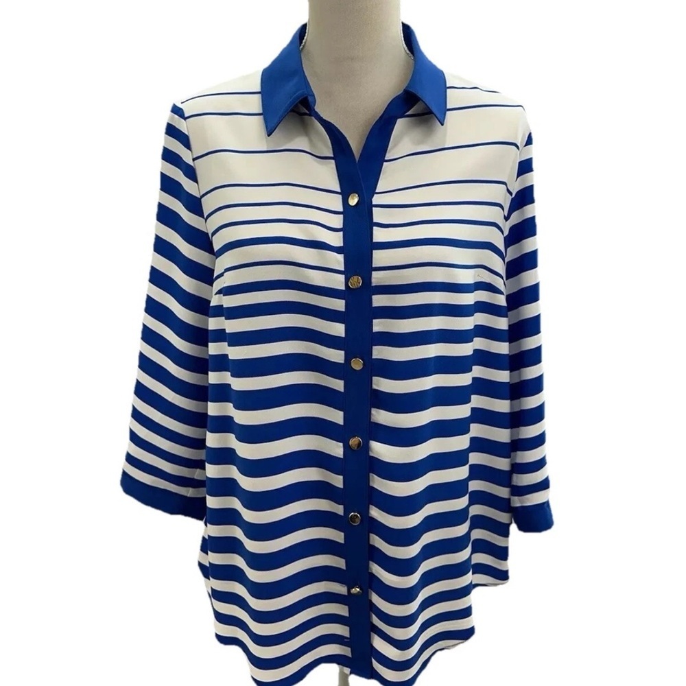 NWOT Susan Graver White Blue Striped Golden Button Shirt Size Small 3/4 Sleeves